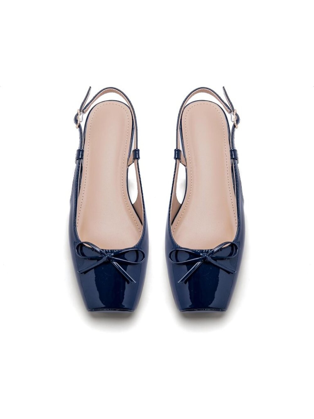 Women's Navy Slingback Square Toe Bow Knit Ankle Buckle Satin Ballet Flats